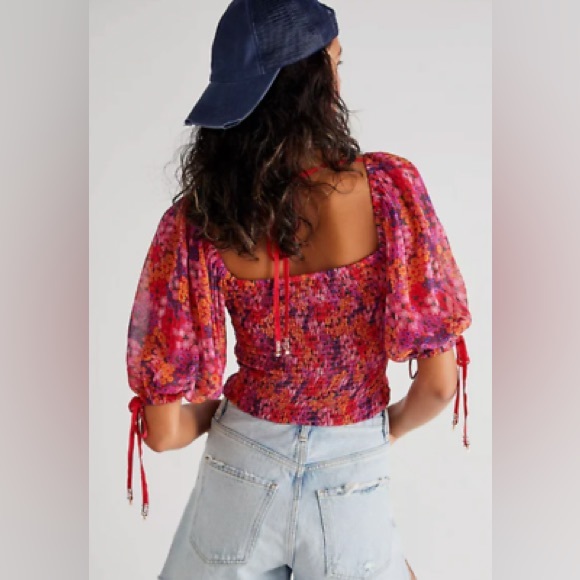 NWOT Free People Hot Pink Ditsy Floral Print Blouse Puff Sleeve Top, XL - Picture 11 of 11